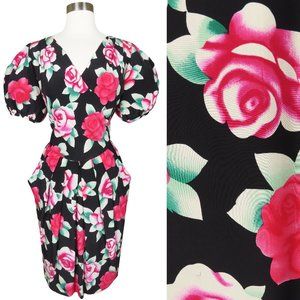 Vintage 80s Black Pink Floral Rose SILK Garden Party Cocktail Party Dress M L